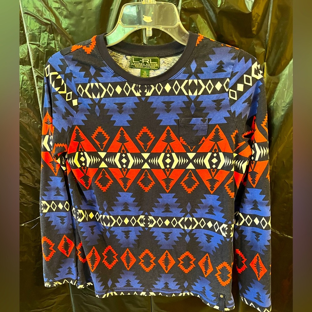 Blue/Orange Geometric Long Sleeve Top by Ralph Lauren. Lauren Active